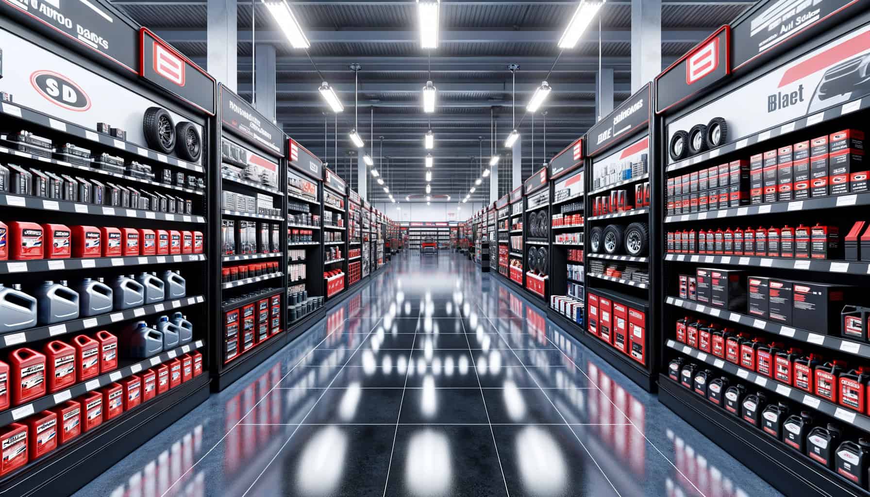 Advance Auto Parts store interior showing organized auto parts retail aisles and branded displays