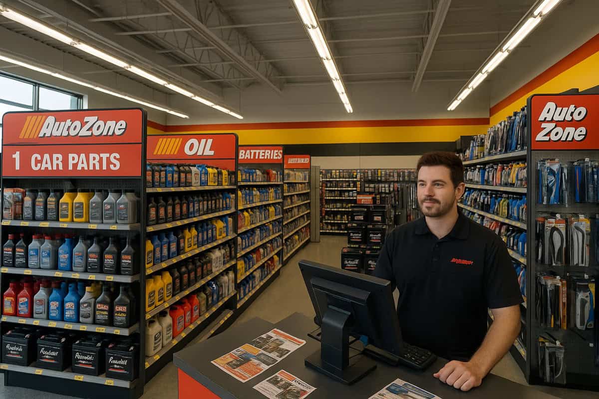 AutoZone associate performing free battery testing service for customer at store counter