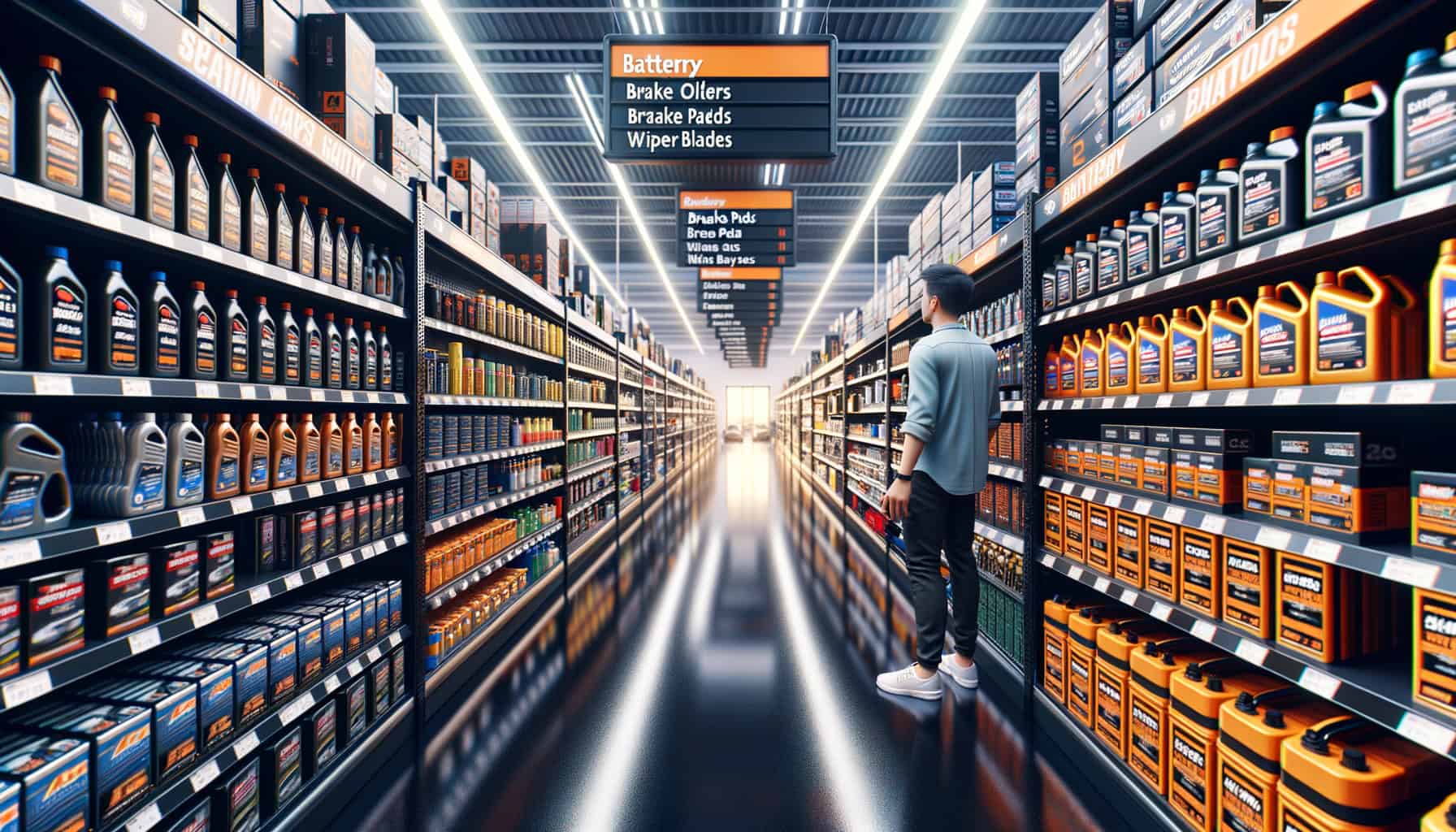 AutoZone store interior showing auto parts retail aisles with battery and oil displays