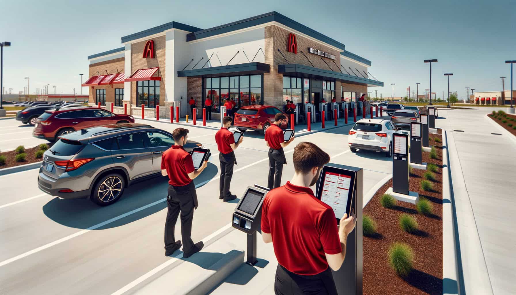 Chick-fil-A team members taking drive-thru orders with iPads at dual-lane outdoor ordering station