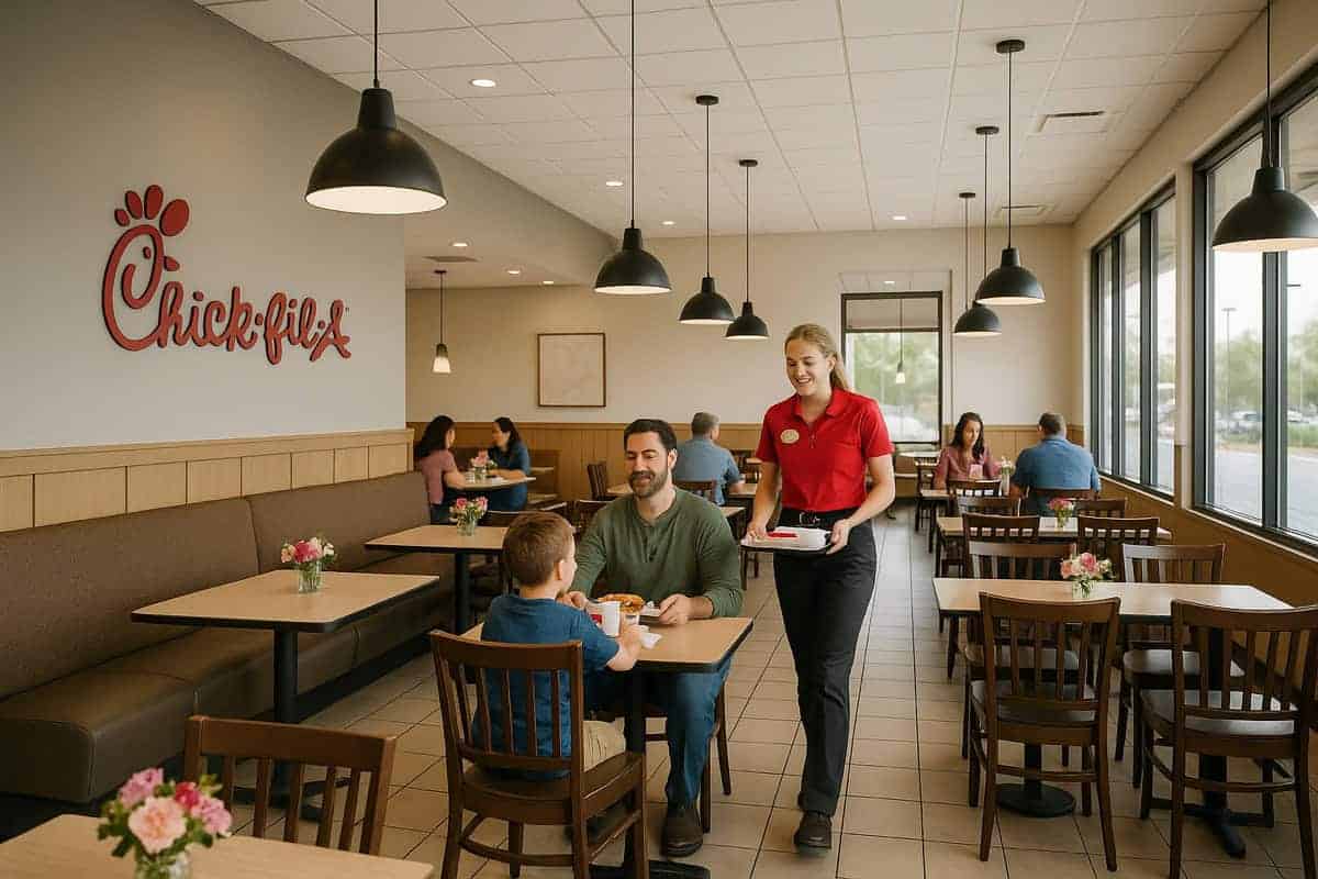 Chick-fil-A modern restaurant interior with contemporary dining room design in affluent suburban location