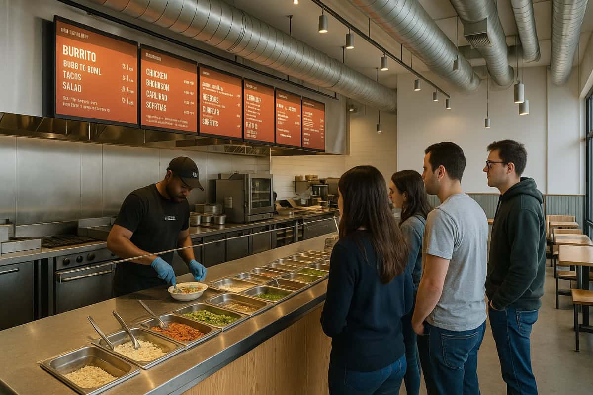 Chipotle assembly line customization counter with fresh ingredients showing premium fast-casual build-your-own burrito bowl experience