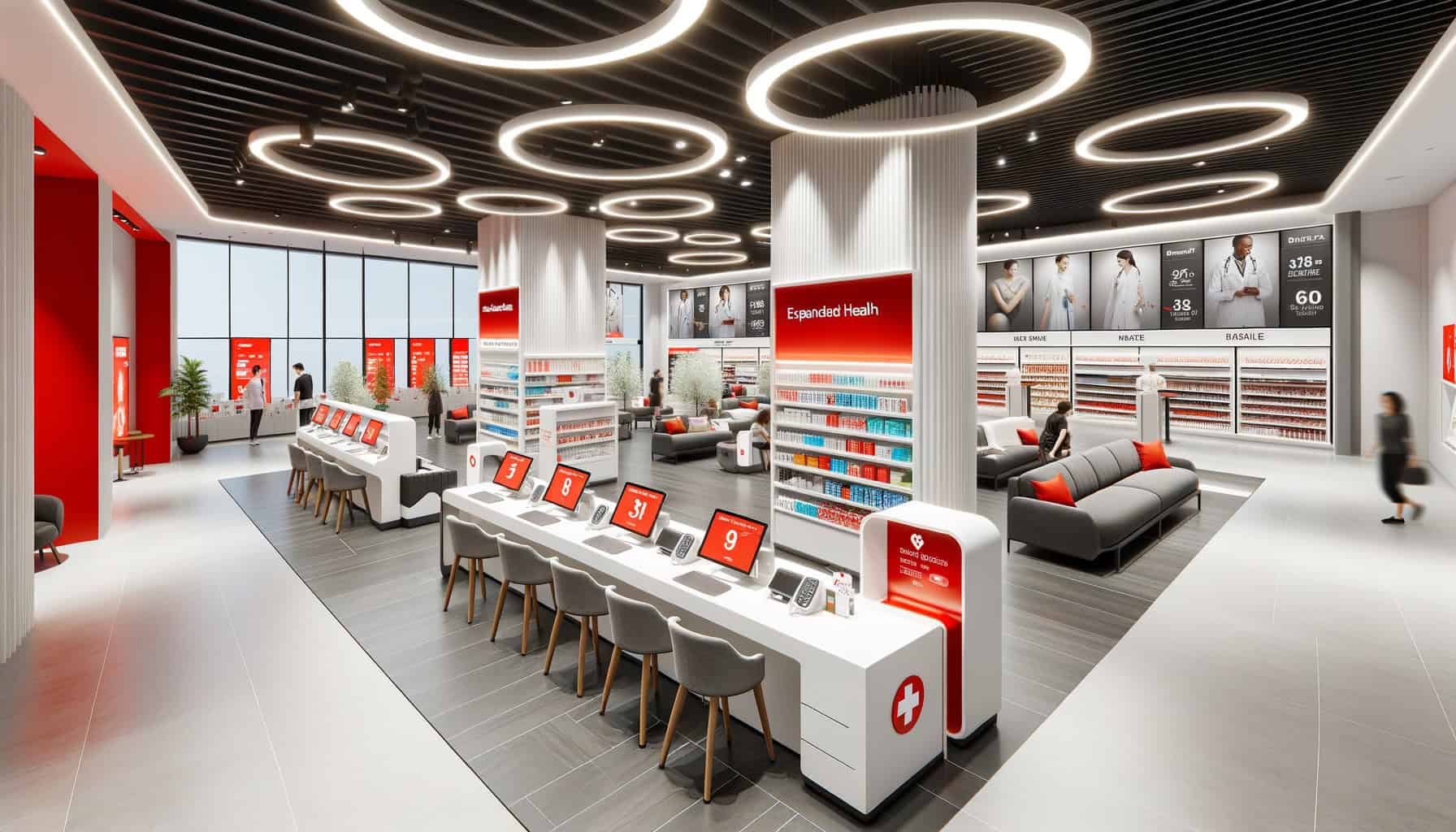 CVS HealthHUB interior with MinuteClinic healthcare services and expanded wellness section showing pharmacy evolution beyond traditional retail