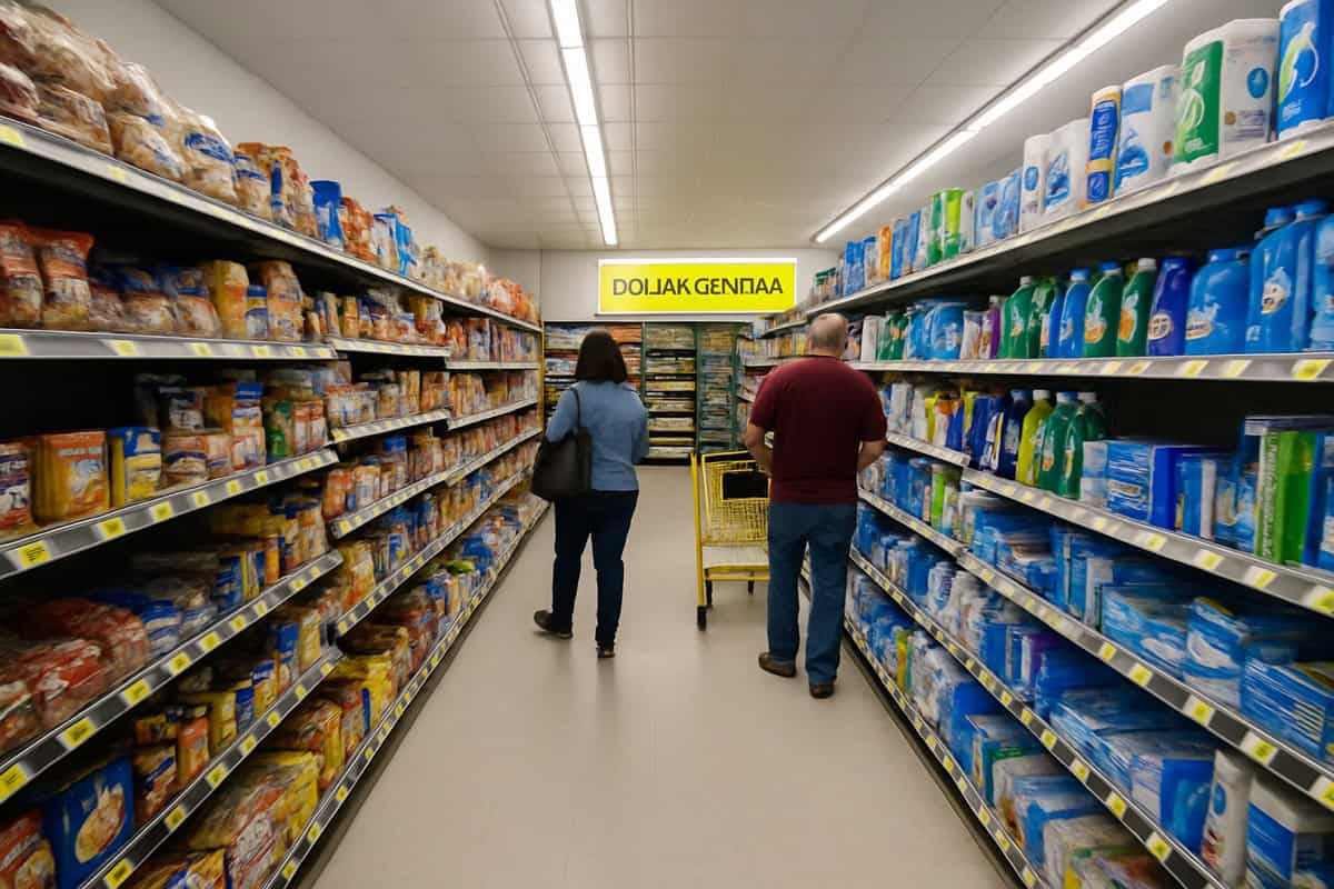 Dollar General store interior showing essential consumables aisles with food beverages and household products driving recession-resistant sales