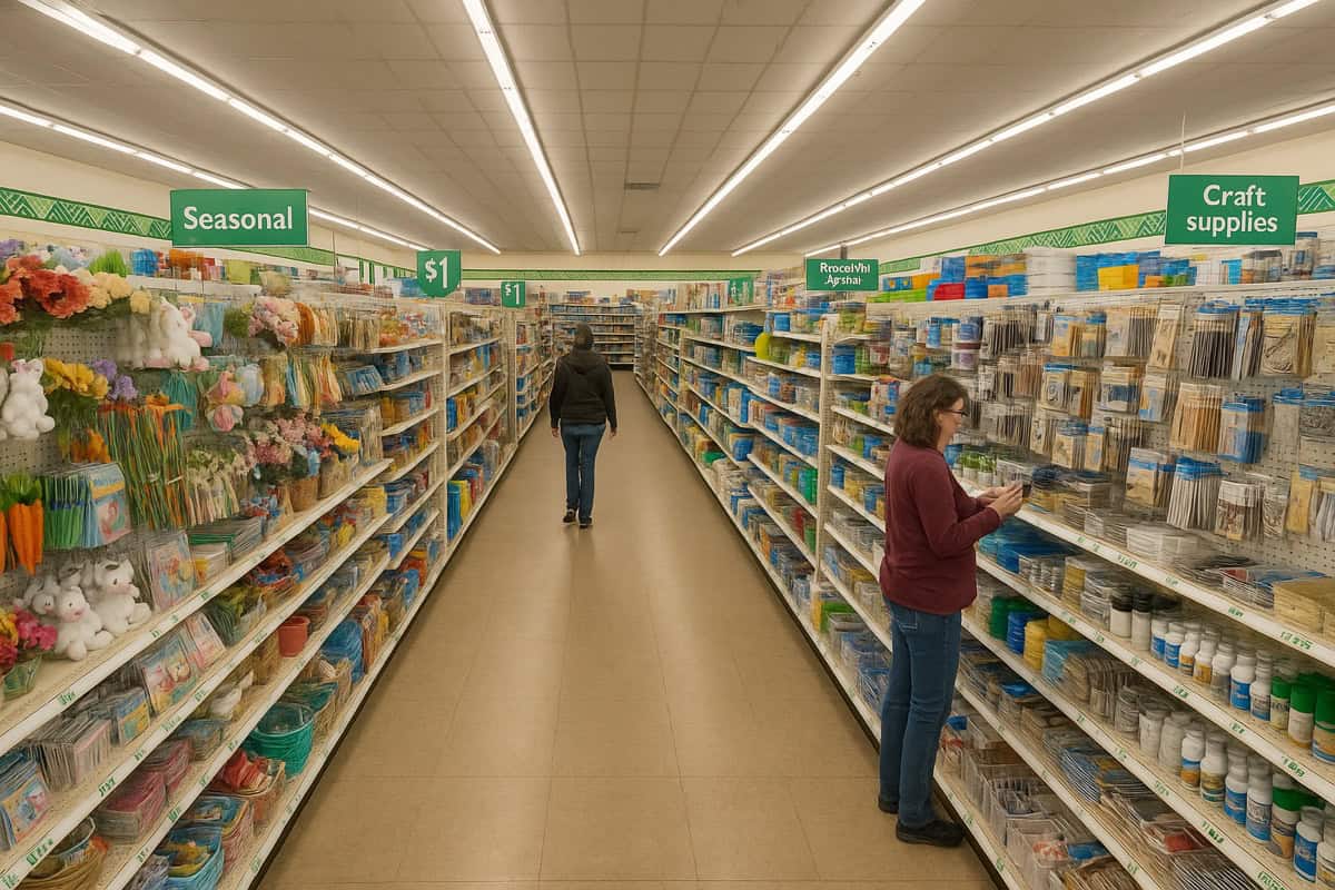 Dollar Tree store interior showing $1.25 merchandise aisles with party supplies seasonal items and household goods driving treasure hunt shopping experience