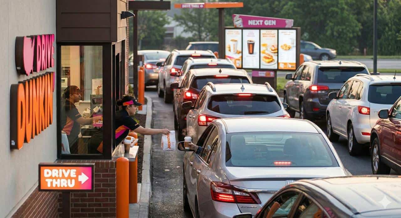 Dunkin' Donuts drive-thru lane during morning rush hour showing cars at pickup window for coffee and breakfast service