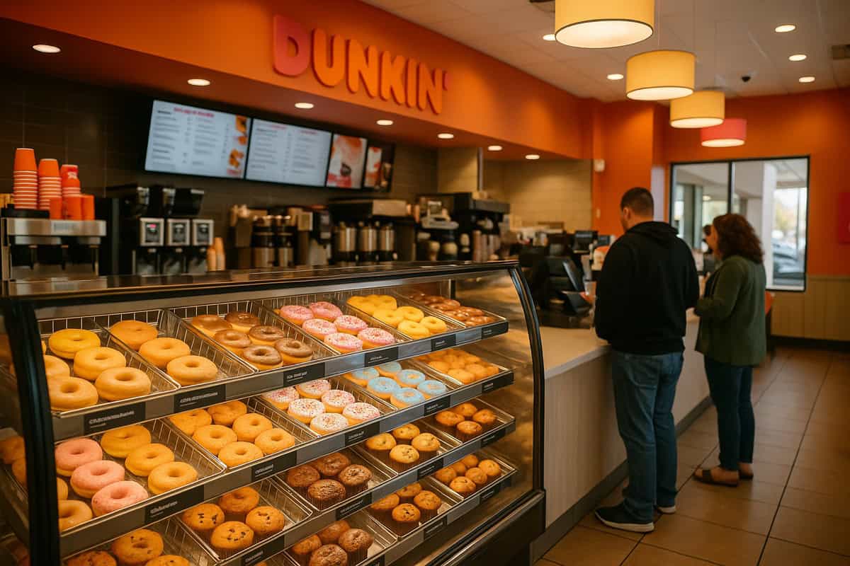 Dunkin' Donuts modern Next Generation store interior with coffee-forward counter and digital menu boards showing brand refresh