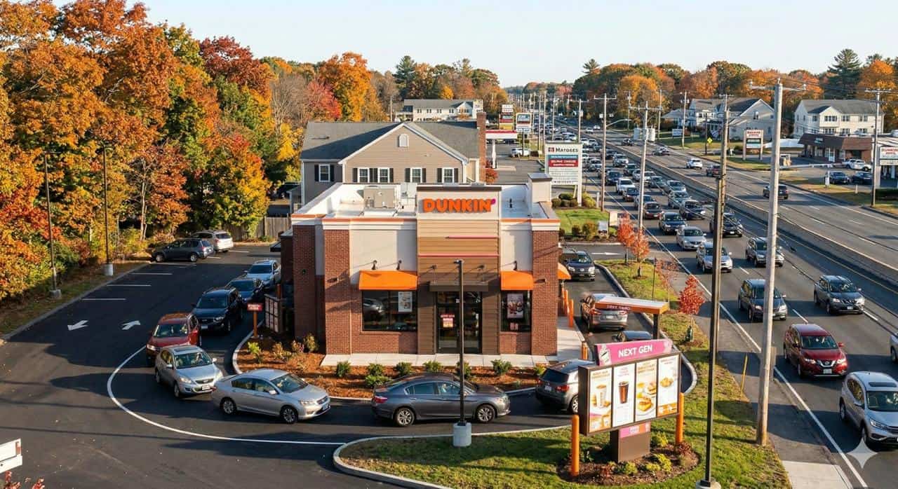 Dunkin' Donuts NNN property in Northeast suburban commuter corridor showing freestanding drive-thru location with strong morning traffic visibility