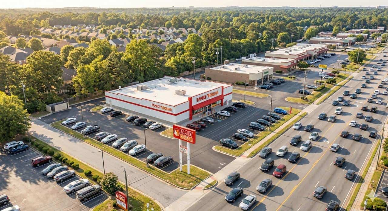 Family Dollar NNN investment property in Atlanta Georgia suburban corridor showing freestanding store with dedicated parking and high-traffic arterial road visibility