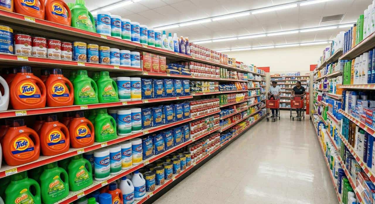 Family Dollar store interior showing consumables aisles with household essentials cleaning supplies and health beauty products driving recession-resistant weekly shopping trips