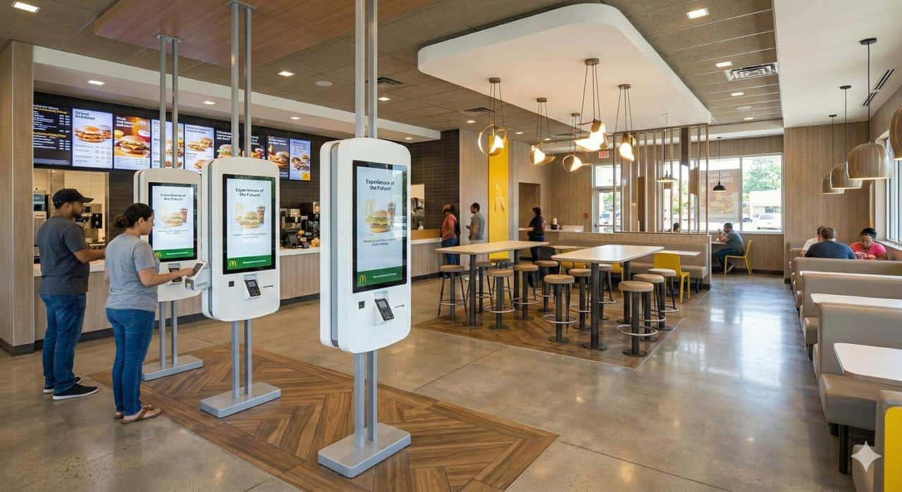 McDonald's Experience of the Future restaurant interior with self-order kiosks and modern dining area showing brand reinvestment and technology innovation