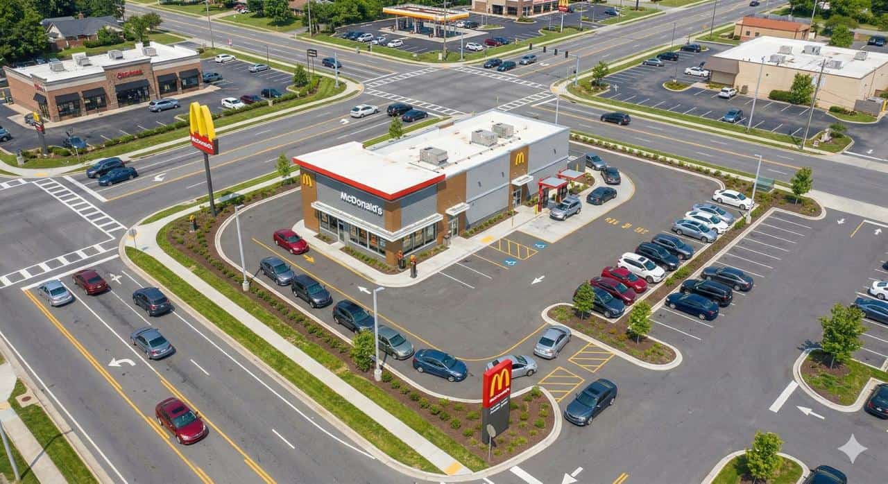 McDonald's NNN investment property aerial view showing premium corner lot with dual drive-thru lanes high-traffic intersection and dedicated parking