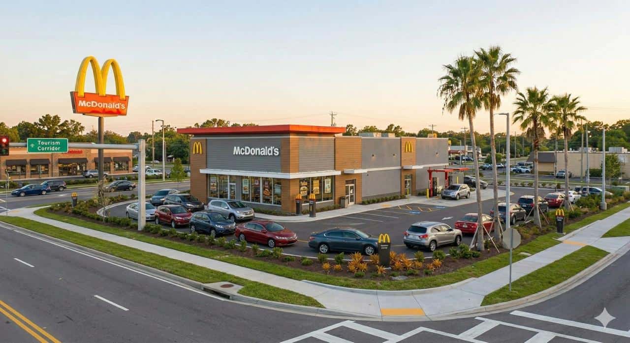 McDonald's NNN investment property new construction in Orlando Florida showing Experience of the Future design with triple drive-thru on high-traffic tourism corridor