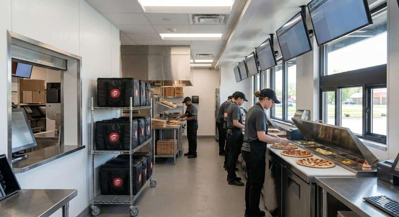 Pizza Hut modern delivery and carryout interior operation showing pizza make line digital order screens and delivery staging area representing preferred NNN investment format