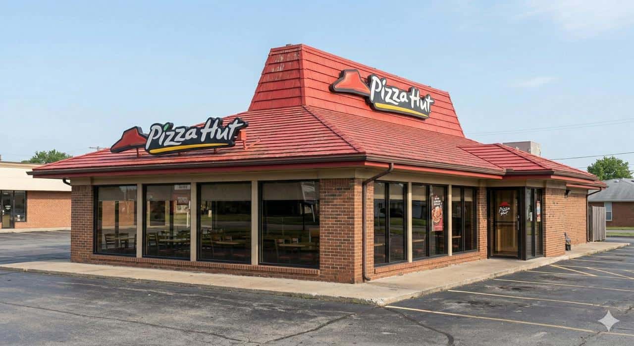Classic Pizza Hut red roof dine-in restaurant showing legacy format with dining room and peaked roof architecture representing declining store model requiring careful NNN investor due diligence