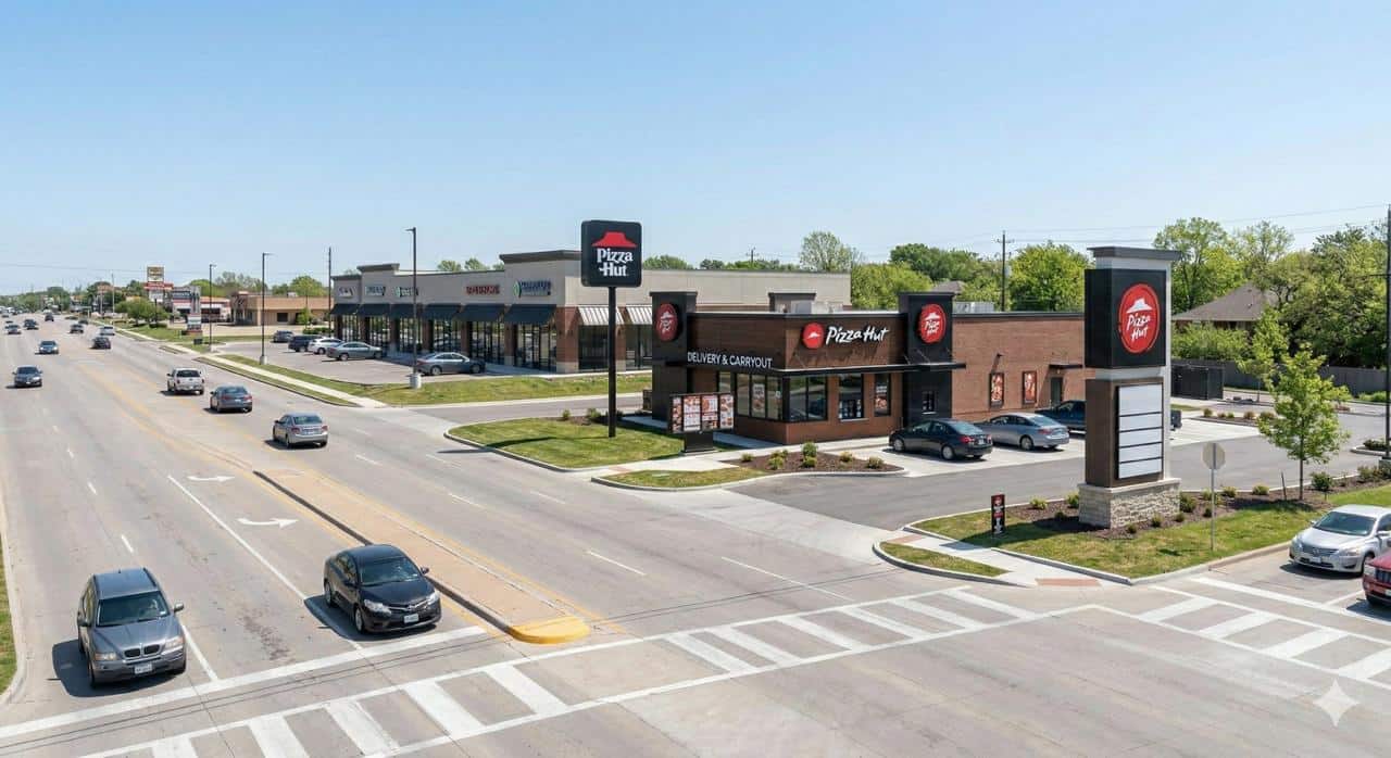Pizza Hut NNN investment property in Dallas-Fort Worth Texas showing modern delivery carryout hybrid format on suburban arterial corridor with updated branding