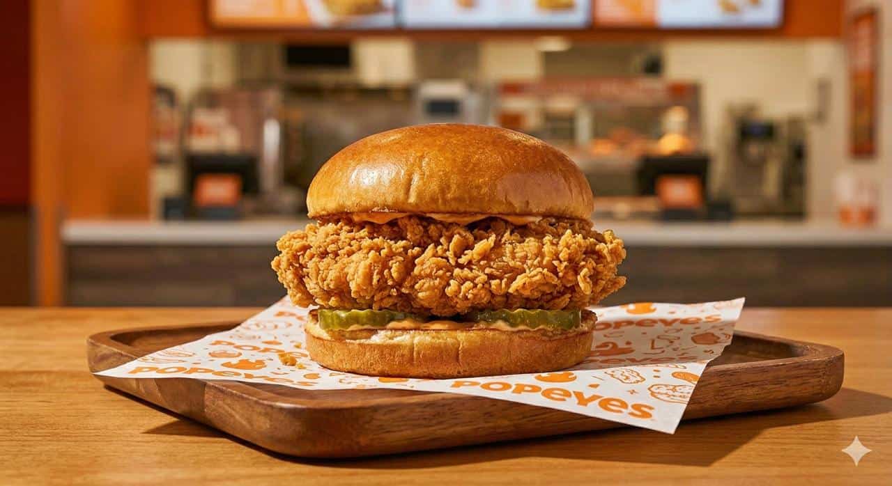 Popeyes signature chicken sandwich showing crispy buttermilk fillet on brioche bun representing the viral 2019 launch that drove sustained same-store sales growth of 5 to 10 percent annually