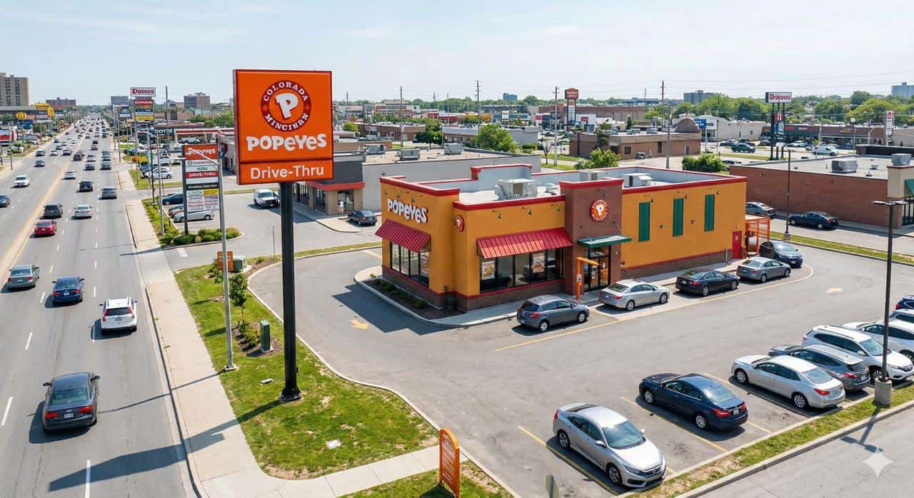 Popeyes freestanding restaurant on urban arterial corridor showing dual-lane drive-thru with stacked vehicles demonstrating 60 to 70 percent drive-thru sales volume