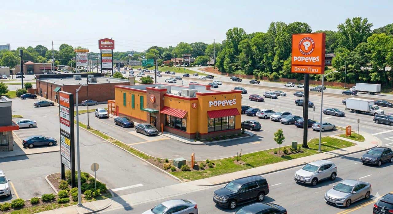 Popeyes NNN investment property in Atlanta Georgia showing freestanding restaurant on I-285 Perimeter high-traffic urban corridor with dense commercial surroundings