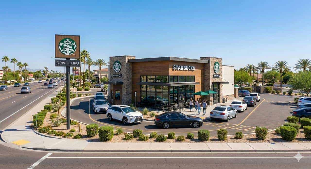 Starbucks drive-thru in affluent suburban corridor showing premium vehicles demonstrating 70K to 100K plus median household income target demographics and 5 to 7 dollar average transaction value
