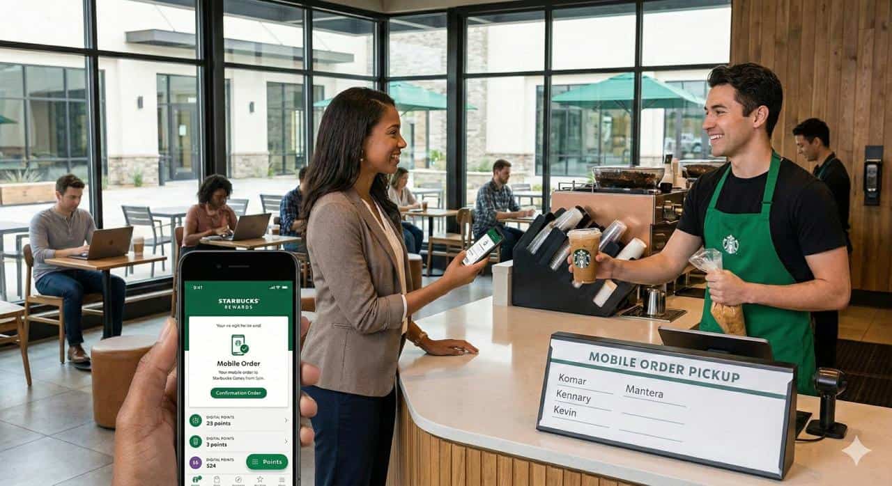 Starbucks mobile order pickup showing customer using Starbucks Rewards app representing 28 million active members and 25 percent of transactions through digital ordering platform