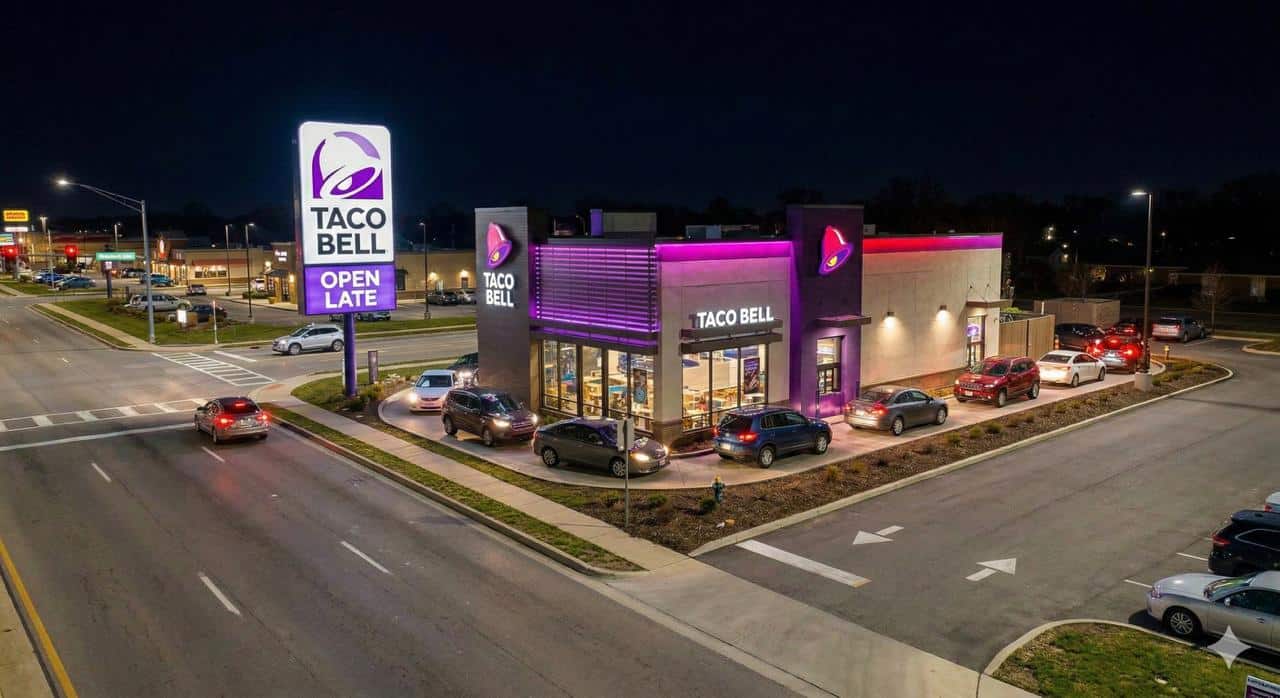 Taco Bell late-night drive-thru showing vehicles in queue after 8pm demonstrating 40 percent of daily sales during evening hours when competitors closed