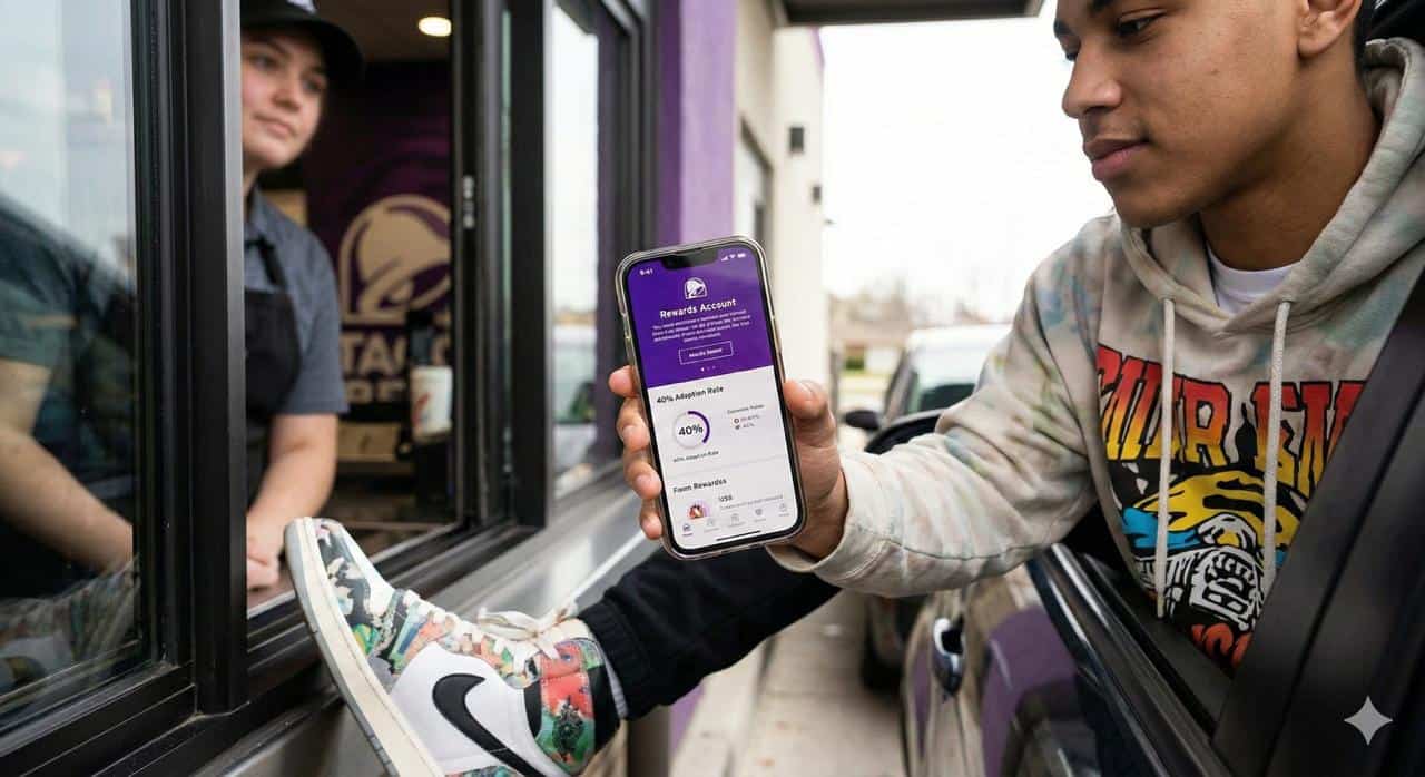Taco Bell Gen Z customer using mobile app at drive-thru showing 40 percent app adoption rate and number one QSR brand positioning among 18 to 34 year old demographics